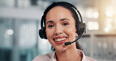 Buy stock photo Headset, happy and portrait of call center consultant in office for crm consultation with inbound service. Smile, mic and face of female customer experience agent with contact us for lead generation.
