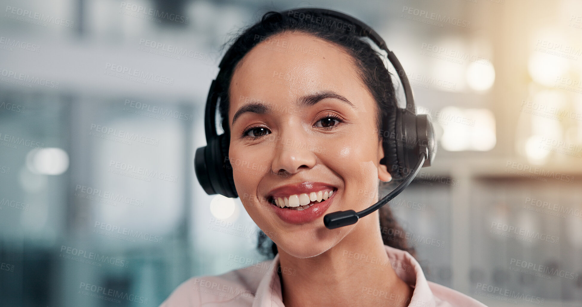 Buy stock photo Headset, happy and portrait of call center consultant in office for crm consultation with inbound service. Smile, mic and face of female customer experience agent with contact us for lead generation.