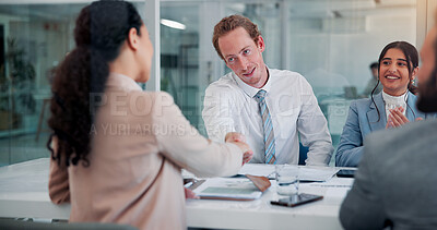 Buy stock photo Handshake, applause and clients in meeting, office and thank you for collaboration, corporate and team. Happy, investor and shaking hands for agreement in business, people or congratulations for deal