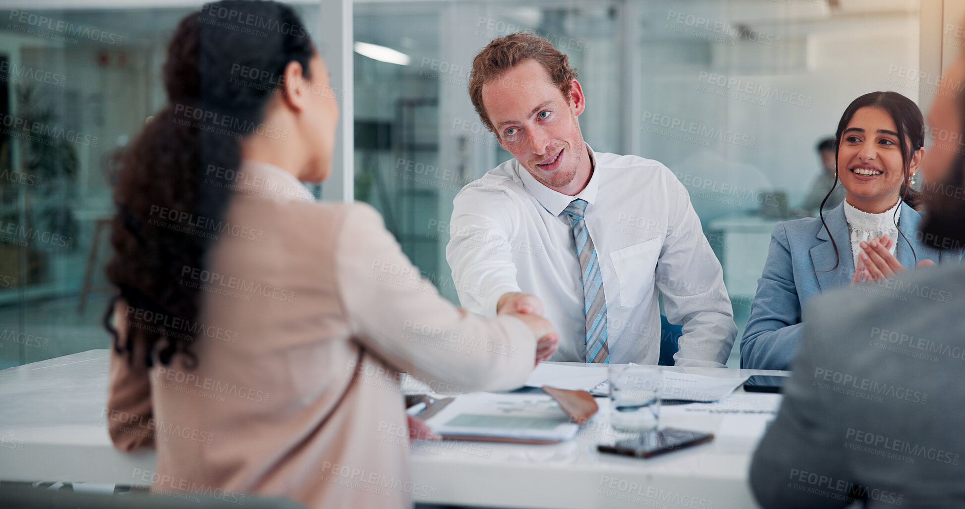 Buy stock photo Handshake, applause and clients in meeting, office and thank you for collaboration, corporate and team. Happy, investor and shaking hands for agreement in business, people or congratulations for deal