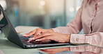 Woman, laptop and hands in office for business, company report and financial review. Accountant, computer and typing in workplace for email draft, loan application and feedback on agency survey