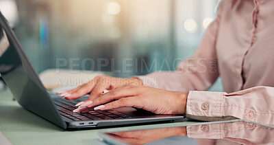 Buy stock photo Woman, laptop and hands in office for business, company report and financial review. Accountant, computer and typing in workplace for email draft, loan application and feedback on agency survey