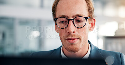 Buy stock photo Laptop, glasses and reading with business man in office for insurance broker, policy benefits and risk assessment. Research, client claims and liability portfolio with person in agency for compliance