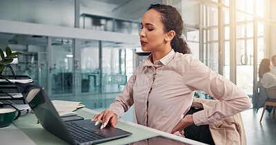 Buy stock photo Business, woman and laptop with back pain in office for inflammation, poor posture and discomfort. Corporate employee, stress and spine injury with muscle ache, tendinitis and medical issue at desk