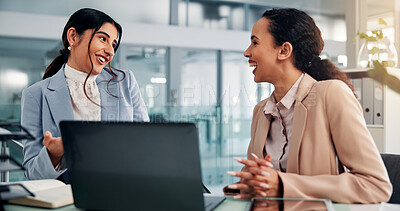 Buy stock photo Meeting, laptop and business women in office for financial review, budget report and planning. Professional, corporate and people in discussion on computer for research, website and investment choice