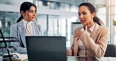 Buy stock photo Meeting, computer and business women in office for financial review, budget report and planning. Professional, corporate and people in discussion on laptop for research, website and investment choice
