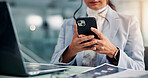 Hands, office and business woman with phone for research, finance or wealth management. Mobile, online and worker on app for communication, investment news or review email with text for profit update