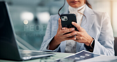 Buy stock photo Hands, office and business woman with phone for research, finance or wealth management. Mobile, online and worker on app for communication, investment news or review email with text for profit update