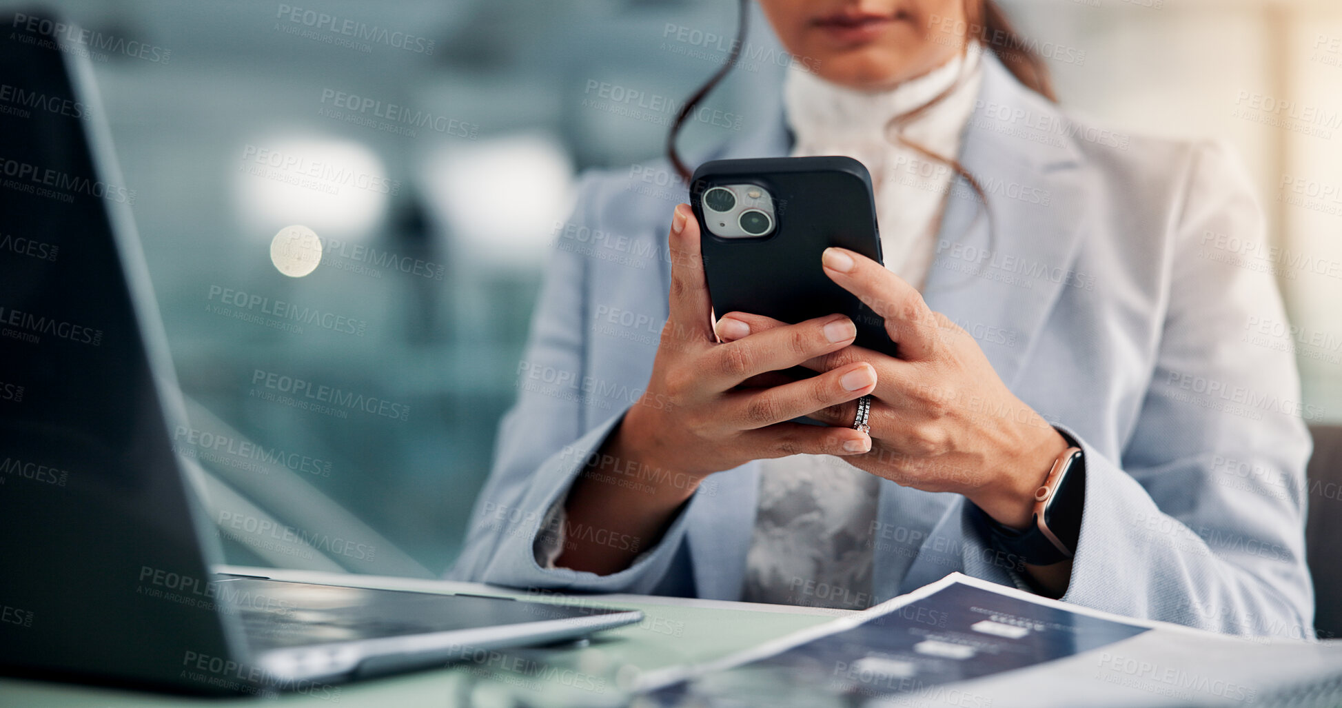 Buy stock photo Hands, office and business woman with phone for research, finance or wealth management. Mobile, online and worker on app for communication, investment news or review email with text for profit update