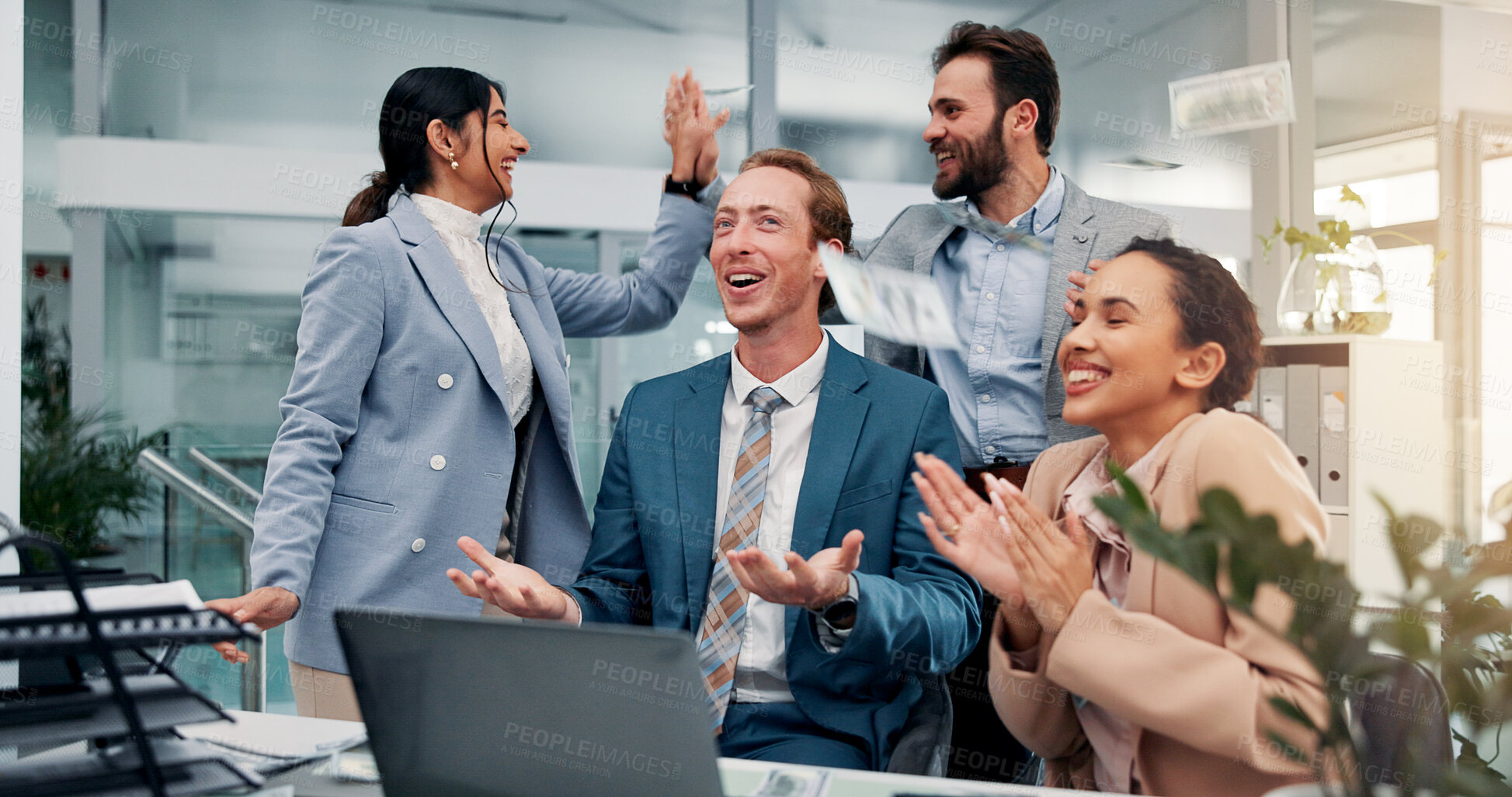 Buy stock photo Money rain, celebrate and business people on laptop in office with good news, success and profit. Corporate, cash and excited men and women on computer high five for payment, finance and investment