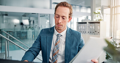 Buy stock photo Office, accountant and businessman with document for laptop, bookkeeping and auditing in accounting. Career, male person and auditor with digital for typing information, finance report and research