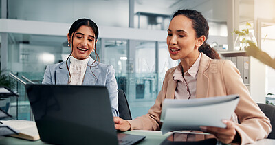 Buy stock photo Meeting, laptop and business women with documents for financial review, budget report and planning. professional, corporate and people with paperwork on computer for research, website and feedback