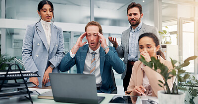 Shocked, laptop and business people with stress, group and mistake with bankruptcy. Employees, surprise or team in workplace, pc or unsuccessful proposal with failure, collaboration error or bad news