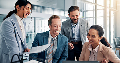 Buy stock photo Meeting, happy and business people on laptop in office for feedback, finance review and online project. Corporate, professional and men and women on computer for research, teamwork and collaboration