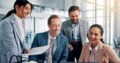 Buy stock photo Meeting, teamwork and happy business people in office for feedback, finance review and online project on laptop. Corporate, professional and men and women on computer for research and collaboration