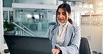 Laptop, typing and reading with business woman for insurance broker, policy benefits and risk assessment. Research, client claims and liability portfolio with person in office for compliance