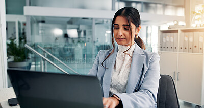 Buy stock photo Laptop, typing and reading with business woman for insurance broker, policy benefits and risk assessment. Research, client claims and liability portfolio with person in office for compliance