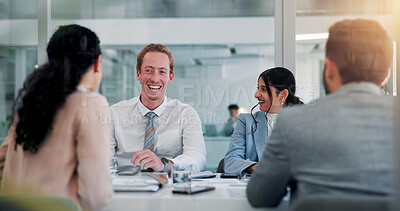 Buy stock photo Meeting, teamwork and business people in office with finance negotiation, deal or proposal. Happy, discussion and financial managers with clients for investment account in collaboration in workplace.