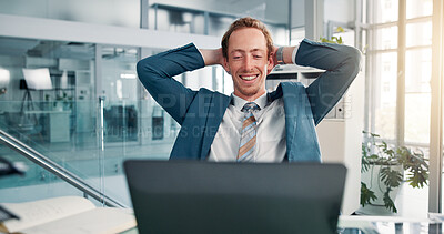 Buy stock photo Happy, businessman and relax with laptop for completion, done or finished with tasks at office desk. Man, employee or accountant with smile, relief or good news on computer for break or rest at work