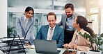 Meeting, collaboration and business people on laptop in office for website, finance review or online project. Corporate, professional and men and women on computer for research, proposal and teamwork