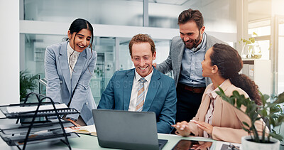 Buy stock photo Meeting, collaboration and business people on laptop in office for website, finance review or online project. Corporate, professional and men and women on computer for research, proposal and teamwork