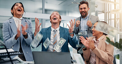 Buy stock photo Cash, celebrate and business people on laptop in office with good news, success and payment. Corporate, rain money and men and women on computer applause for profit, financial growth and investment