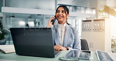Buy stock photo Office, businesswoman and laptop with phone call for listening, financial talk or bank reconciliation. Career, female person and accountant with mobile for finance discussion, account info or contact