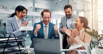 Applause, money and business people on laptop in office with good news, success and victory. Corporate, team and men and women on computer celebrate for feedback, financial growth and investment