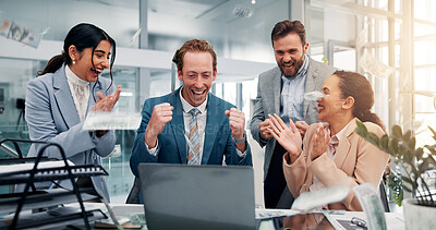 Buy stock photo Applause, money and business people on laptop in office with good news, success and victory. Corporate, team and men and women on computer celebrate for feedback, financial growth and investment