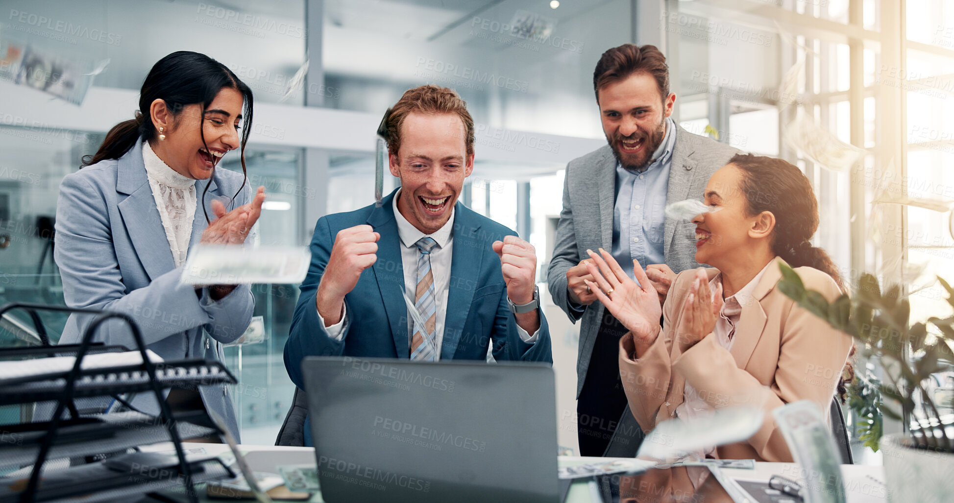 Buy stock photo Applause, money and business people on laptop in office with good news, success and victory. Corporate, team and men and women on computer celebrate for feedback, financial growth and investment