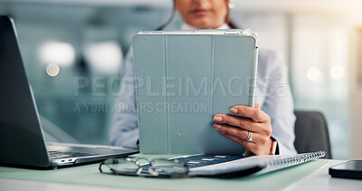 Buy stock photo Hands, online and business woman with tablet for research, finance or wealth management. Office, app or worker on tech for communication, investment news or review email for profit update on internet