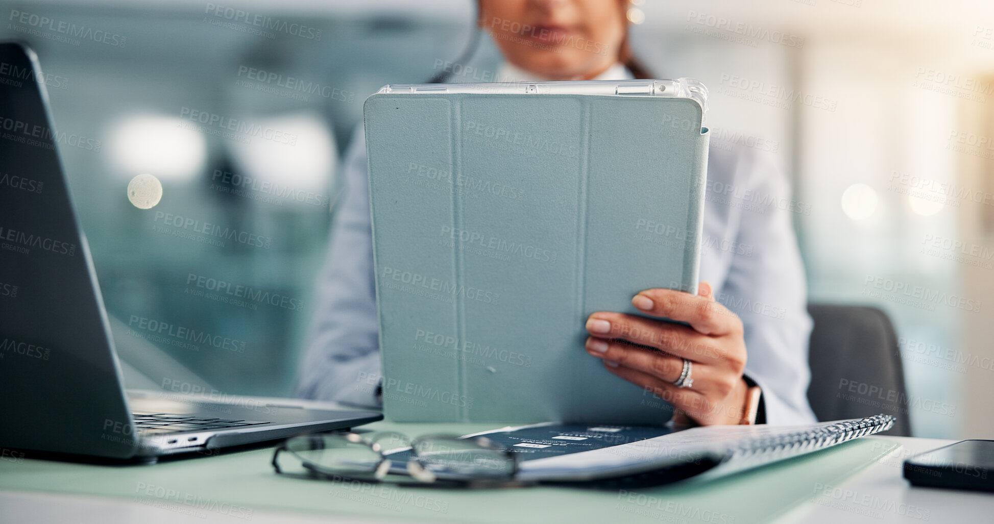 Buy stock photo Hands, online and business woman with tablet for research, finance or wealth management. Office, app or worker on tech for communication, investment news or review email for profit update on internet