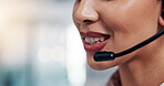 Headset, woman and mouth of call center consultant in office for crm consultation with inbound service. Happy, mic and closeup of female customer experience agent with contact us for lead generation.