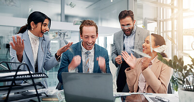 Buy stock photo Celebrate, money and business people on laptop in office with good news, success and victory. Corporate, rain cash and men and women on computer applause for feedback, financial growth and investment