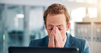 Business, laptop and man with headache in office for legal research, mental health or corporate stress. Consultant, employee and migraine for deadline pressure, contract draft or fatigue with burnout