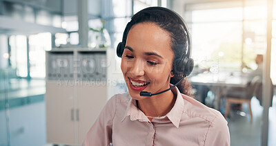 Buy stock photo Headset, woman and customer experience consultant in office for crm consultation with inbound service. Happy, mic and female call center agent with contact us for lead generation communication.