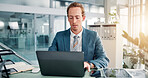 Laptop, typing and research with business man in office for insurance broker, policy benefits and risk assessment. Planning, client claims and liability portfolio with person in agency for compliance
