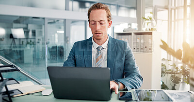Buy stock photo Laptop, typing and research with business man in office for insurance broker, policy benefits and risk assessment. Planning, client claims and liability portfolio with person in agency for compliance