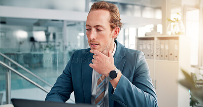 Buy stock photo Man, laptop and thinking in office for business, project management and problem solving. Accountant, technology and idea in firm for career development, workflow efficiency and investment decision