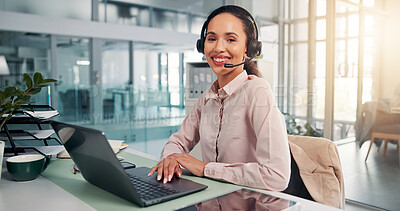 Buy stock photo Headset, woman and customer support consultant with laptop in office for crm consultation with inbound service. Happy, computer and female call center agent with contact us for lead generation.