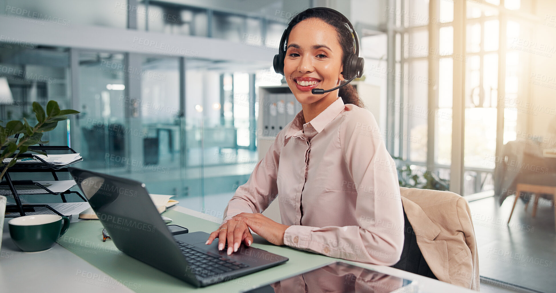 Buy stock photo Headset, woman and customer support consultant with laptop in office for crm consultation with inbound service. Happy, computer and female call center agent with contact us for lead generation.
