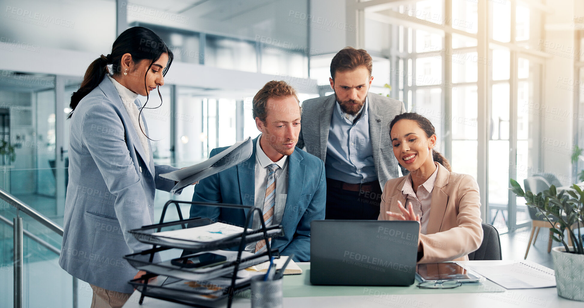 Buy stock photo Meeting, planning and business people on laptop in office for report, finance review and online project. Corporate, professional and men and women on computer for research, teamwork and collaboration