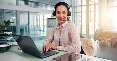 Buy stock photo Headset, happy and woman call center consultant in office for crm consultation with inbound service. Smile, mic and female customer experience agent with contact us for lead generation in workplace.