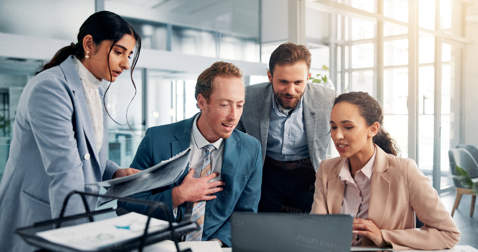 Buy stock photo Meeting, teamwork and business people on laptop in office for feedback, finance review and online project. Corporate, professional and men and women on computer for research, and collaboration