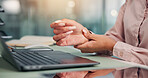Business woman, laptop and hands with wrist pain in office for muscle tension, deadline pressure or overworked. Professional, analyst and finance report with inflammation, carpal tunnel or joint ache