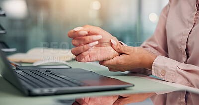 Buy stock photo Business woman, laptop and hands with wrist pain in office for muscle tension, deadline pressure or overworked. Professional, analyst and finance report with inflammation, carpal tunnel or joint ache