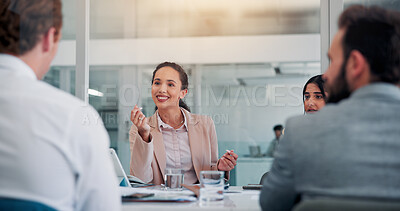 Buy stock photo Business, woman and meeting with team in office of finance negotiation, deal and proposal. Happy, people and discussion with clients of financial update, investment account and collaboration feedback
