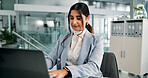 Laptop, typing and corporate with business woman for insurance broker, policy benefits and risk assessment. Research, client claims and liability portfolio with person in office for compliance