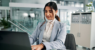 Buy stock photo Laptop, typing and corporate with business woman for insurance broker, policy benefits and risk assessment. Research, client claims and liability portfolio with person in office for compliance