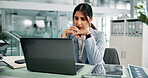 Woman, stress and reading laptop in office for business, clerical error and problem solving. Accountant, technology and worry in firm for account fraud, budget mistake and investment returns decrease